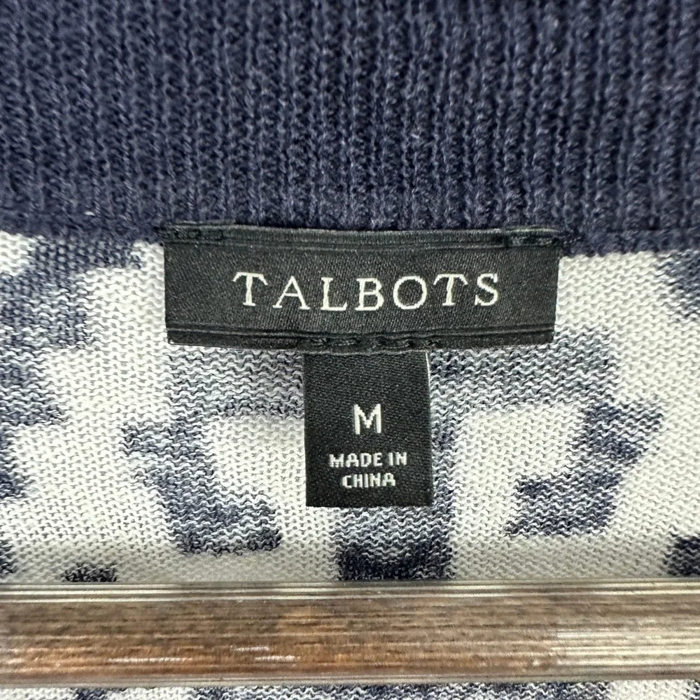 Talbots Cardigan Sweater Medium Blue‎ White Linen Cotton Geometric Ikat Knit